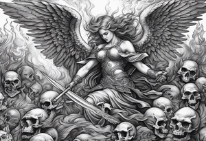 Angels fighting demons over fire with skulls in the background tattoo idea