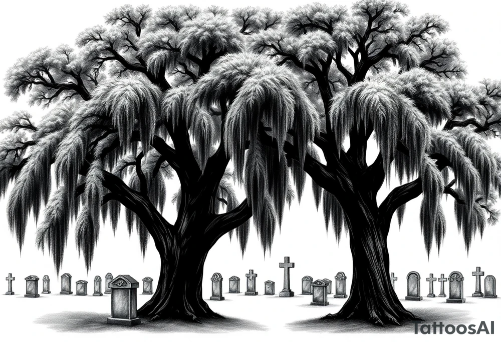 Oak trees with a lot of Spanish moss in a cemetery tattoo idea