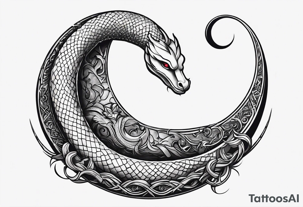 crescent moon has lucifer's snake wrapped around it from bottom up, small and simple tattoo idea
