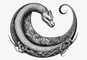 crescent moon has lucifer's snake wrapped around it from bottom up, small and simple tattoo idea