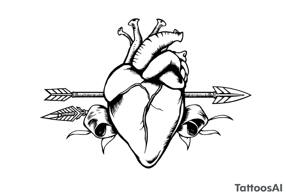 anatomical heart pierced by ornate arrow with flowing ribbons tattoo idea