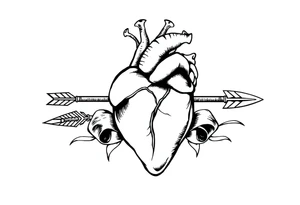 anatomical heart pierced by ornate arrow with flowing ribbons tattoo idea