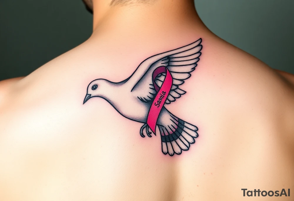 A dove carrying a breast cancer ribbon with the name Samia. tattoo idea