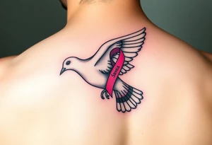 A dove carrying a breast cancer ribbon with the name Samia. tattoo idea