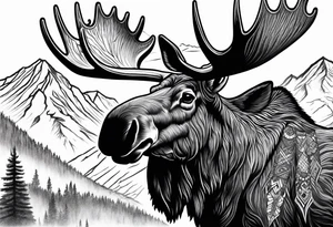 moose with mountain in the background tattoo idea