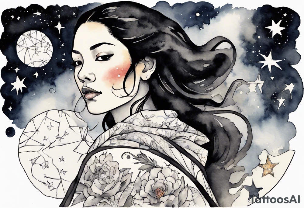 a watercolor of a beautiful 40-year-old latina woman wearing black and white cloak surrounded by the stars tattoo idea