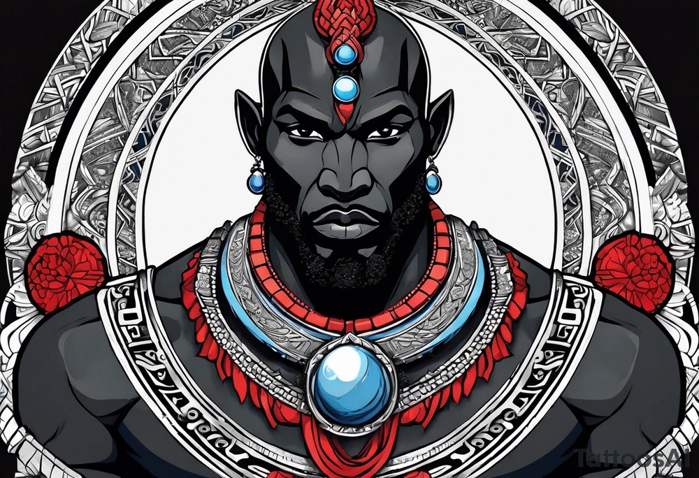 Black-skinned african god of war with a small silver crown, no armor, and two ball necklaces: one blue, other red tattoo idea