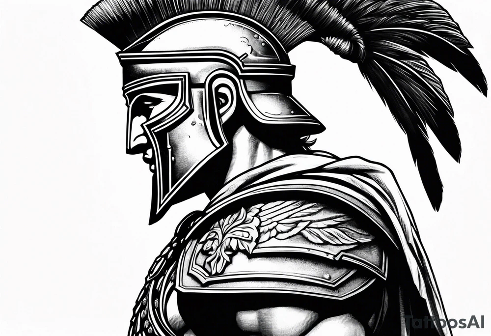 Side profile Spartan Solider ancient roman city in the background tattoo idea