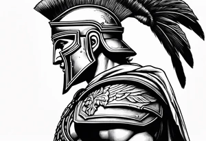 Side profile Spartan Solider ancient roman city in the background tattoo idea