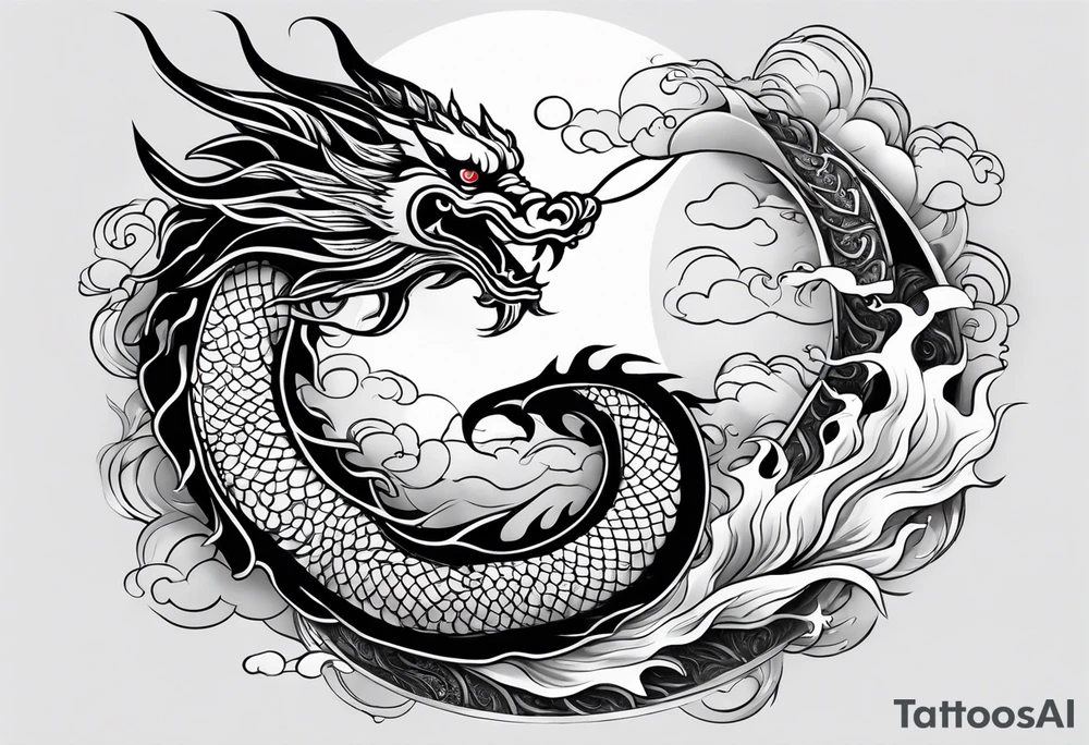Chinese dragon, koi, water, black, shoulder tattoo idea