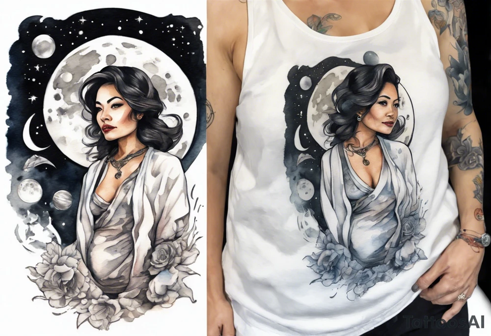 a watercolor of a beautiful 40-year-old latina woman wearing black and white robes standing on the moon tattoo idea