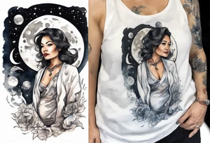 a watercolor of a beautiful 40-year-old latina woman wearing black and white robes standing on the moon tattoo idea