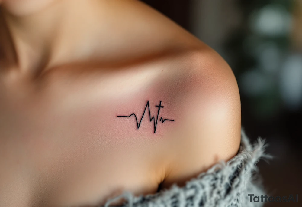 A simple black EKG line with a small white cross at the end, symbolizing strength through faith tattoo idea