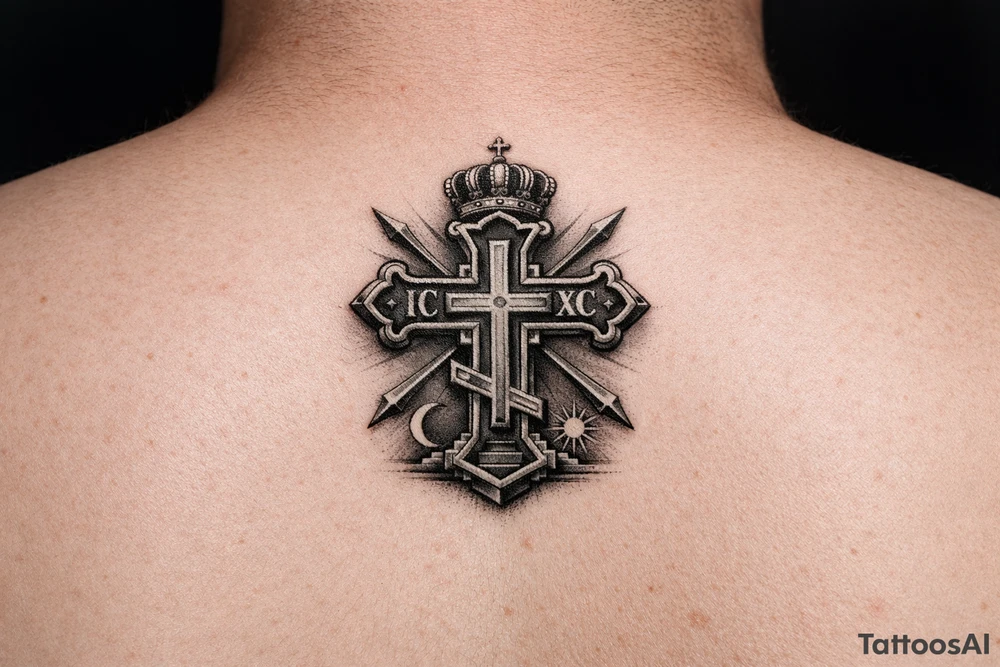 powerful serbian orthodox cross for ribs that later on can have children names incoportated later on, 15-25cm in height and with intricate details
 and black and grey fine detail


show more options tattoo idea