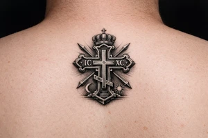 powerful serbian orthodox cross for ribs that later on can have children names incoportated later on, 15-25cm in height and with intricate details
 and black and grey fine detail


show more options tattoo idea