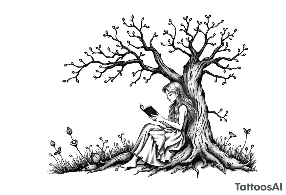 Magical woodland scene with a pretty girl reading a book against a tree tattoo idea