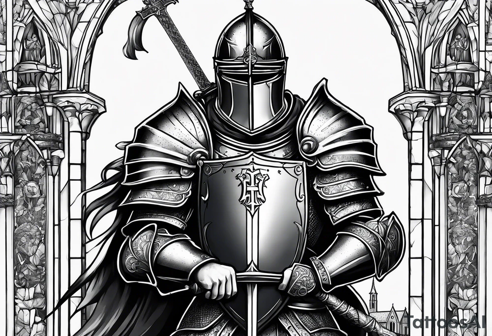 knight with heavy armor with Notre Dame tattoo idea