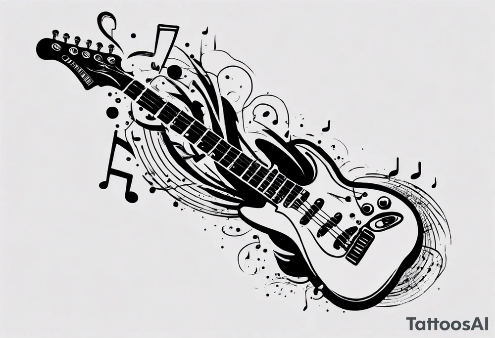 Create a unique vertical tattoo design inspired by my passion for the electric guitar and video games. Consider an abstract representation of musical notes and pixel graphics that fits well on the back of the forearm tattoo idea