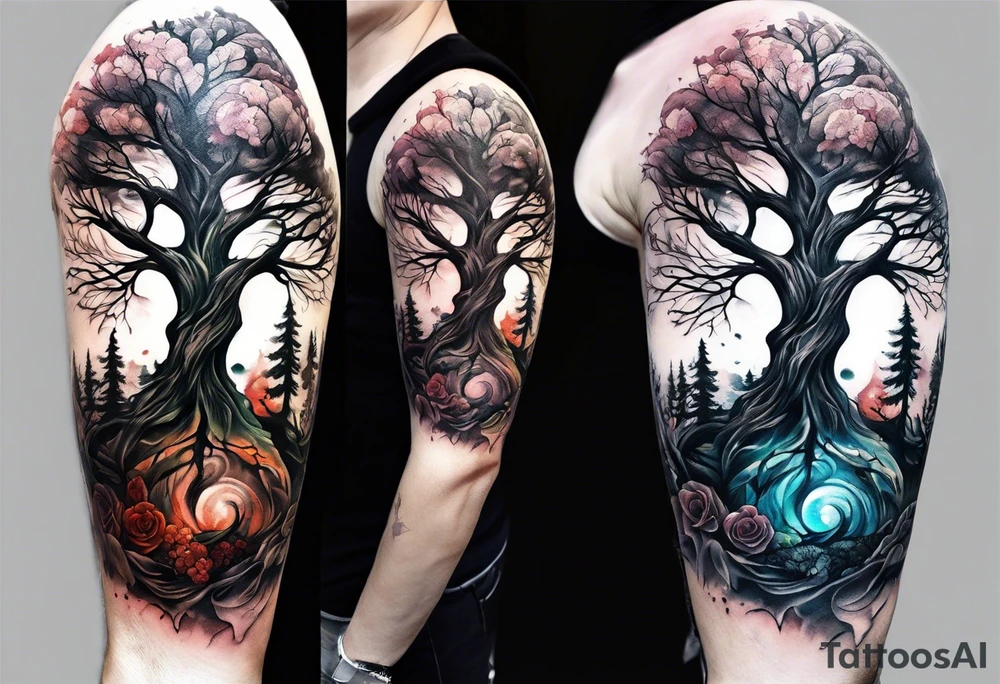 A religious forearm tattoo portraying a tree progressing from death to life tattoo idea