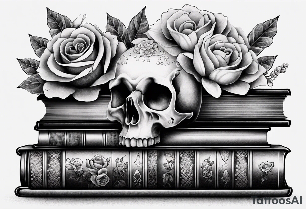 feminine tattoo of stacked books and flowers with a snake and skull tattoo idea