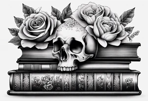 feminine tattoo of stacked books and flowers with a snake and skull tattoo idea