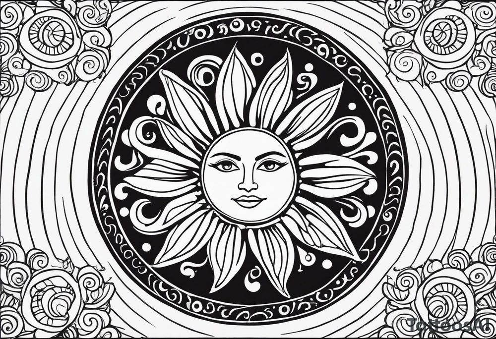 my sister's name Nėja and my mum's name Jūratė, I want to make a tattoo for them, I want to illustrate my sister as sun and my mum as ocean (wave or sea). My sister is very happy and always sunshine, my mum is strong and loves ocean. Made it in a circle. sun should radiate happy energy, ocean strong energy tattoo idea
