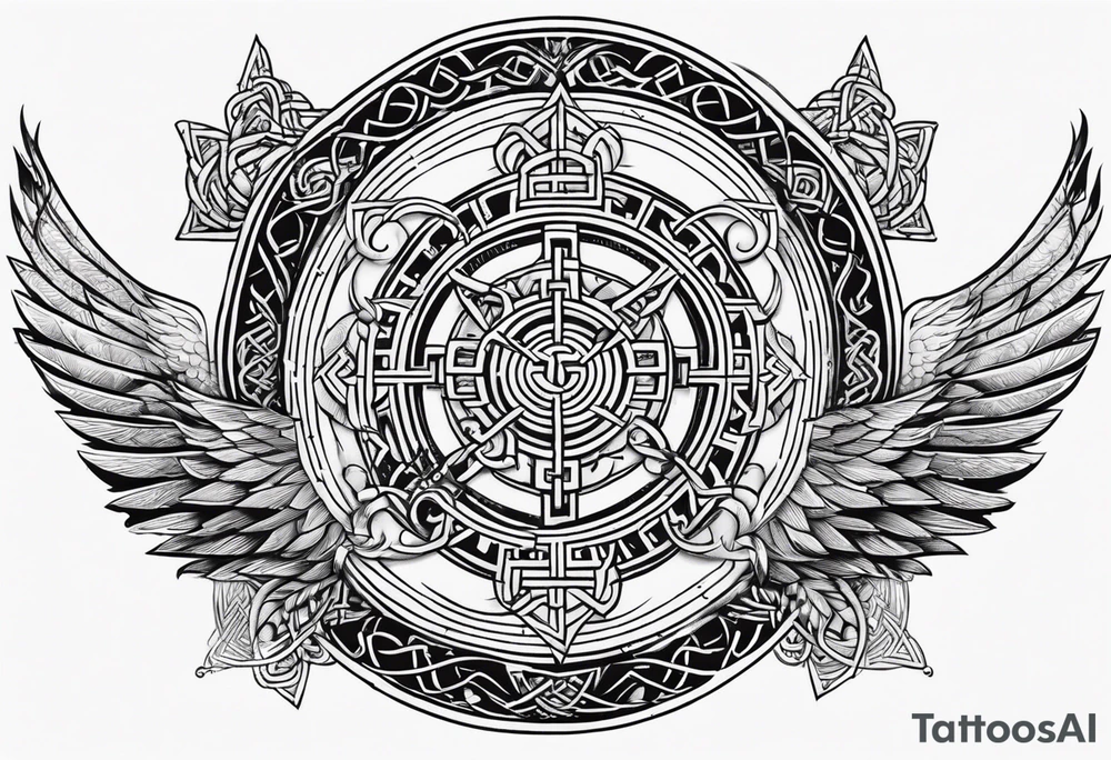 Viking style tattoo throughout. Viking Vegvisir with wings around it, Viking Valknut, tree of life with roots tattoo idea