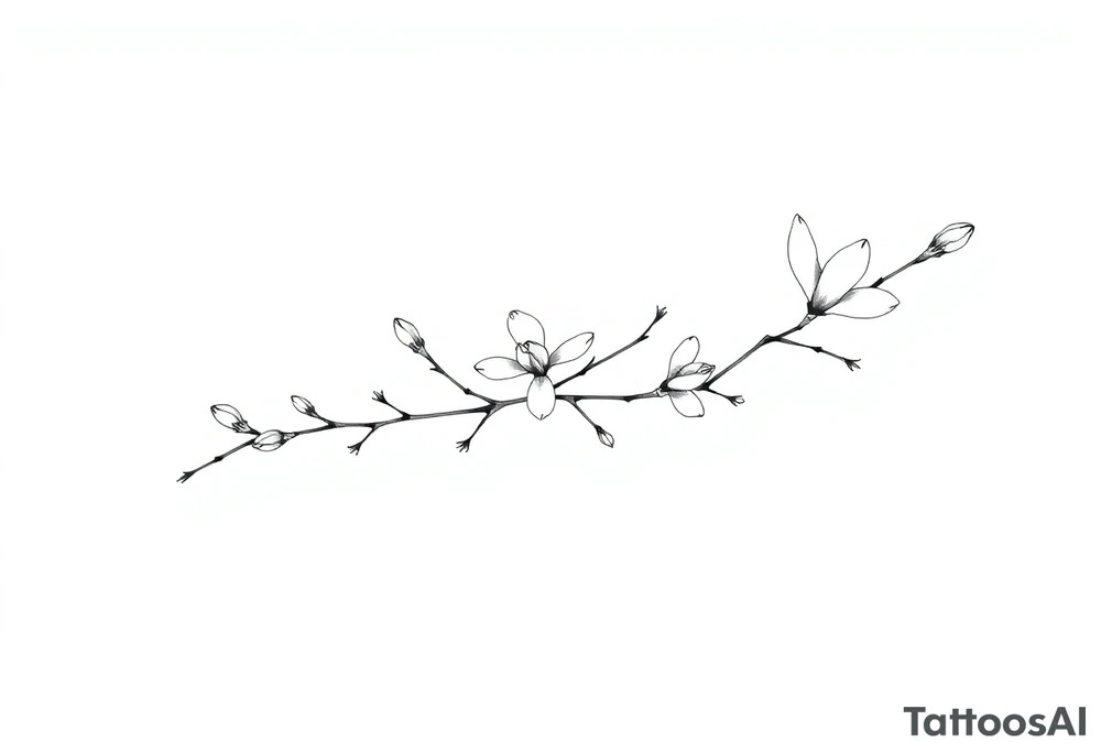 Magnolia branch long with different small half opened flowers, botanical details tattoo idea