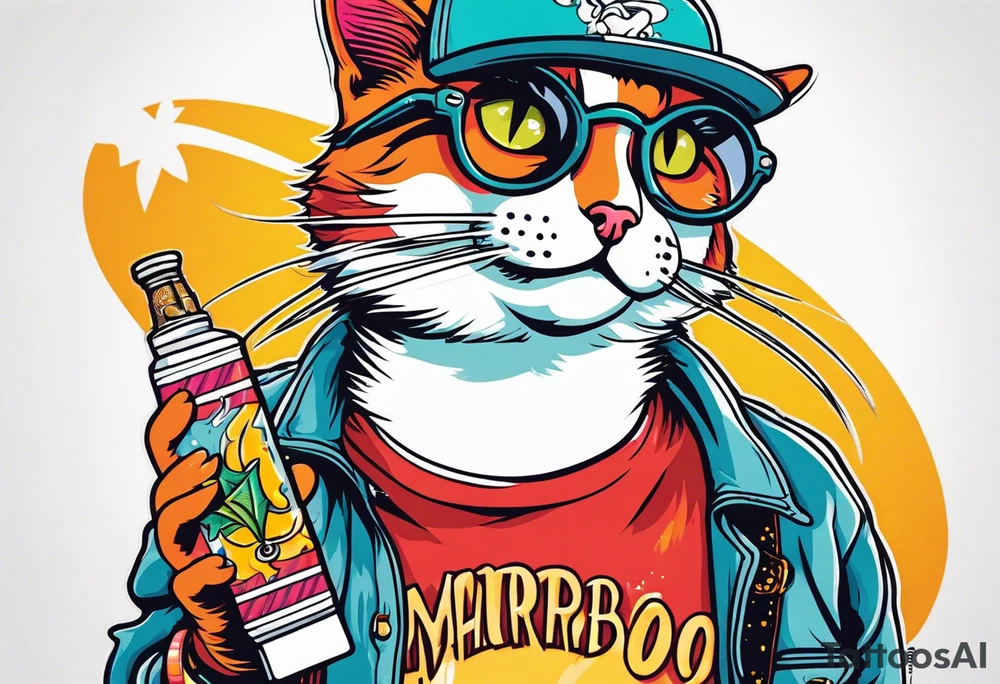 Cat smoking joint while riding marlboro skateboard tattoo idea