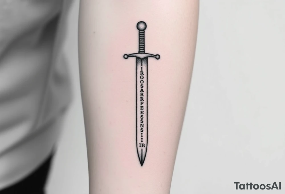 Minimalist black ink tattoo sketch of a vertical medieval sword with the phrase “Iron Sharpens Iron” engraved along the blade. Clean lines, no shading, forearm tattoo design. tattoo idea