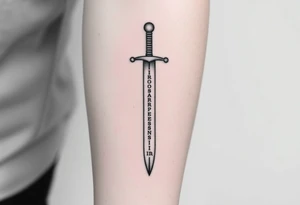 Minimalist black ink tattoo sketch of a vertical medieval sword with the phrase “Iron Sharpens Iron” engraved along the blade. Clean lines, no shading, forearm tattoo design. tattoo idea