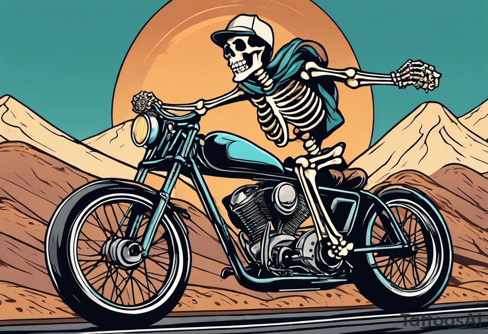 Lifelike skeleton wearing licra and cap rides a road bike. The skeleton is grinning at the viewer and holding a cookie in its left hand tattoo idea