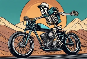 Lifelike skeleton wearing licra and cap rides a road bike. The skeleton is grinning at the viewer and holding a cookie in its left hand tattoo idea