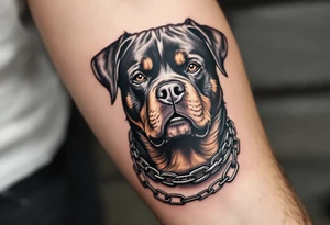 Rottweiler with Chains – A fierce-looking Rottweiler with a broken chain collar, symbolizing power and freedom. Black and grey with metallic silver chain detail. tattoo idea