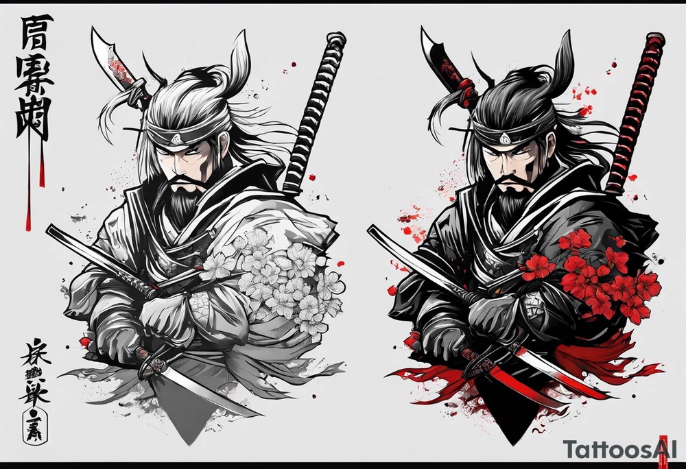 samurai with sword in blood, in armor, for a forearm
Should contains sakura leaves in Anime style. Some Ghost of tsushima vibe
The tatoo should show i have dedication, respect and inner strength, and I try to become better everyday tattoo idea