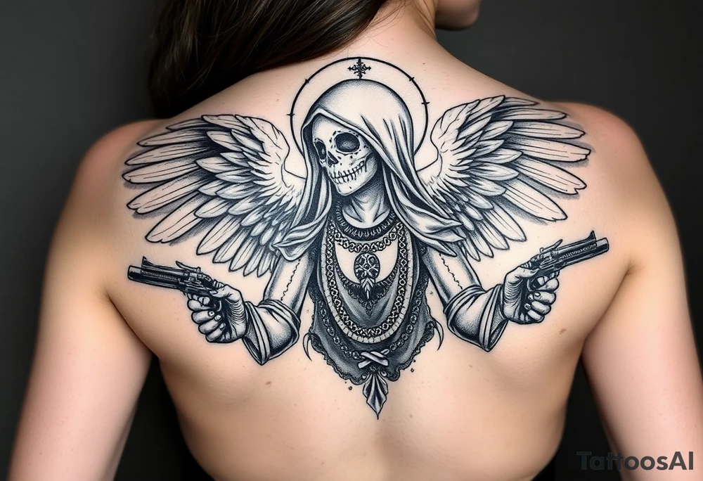 old angel statue (Santa Muerte style) criminal style tattooed and at the same time contemporary, weapons in hand, gangster-style gold necklaces tattoo idea