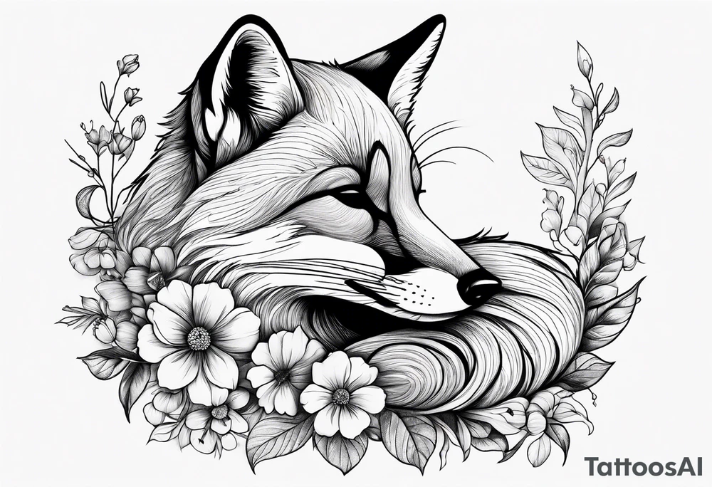 fox, curled up, sleeping, realistic, flowers tattoo idea