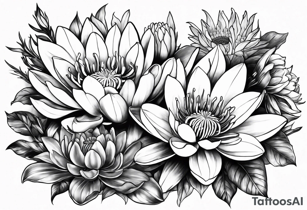 Larkspur and water lily bouquet with stems tattoo idea