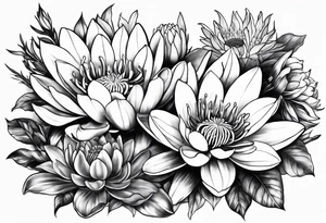 Larkspur and water lily bouquet with stems tattoo idea
