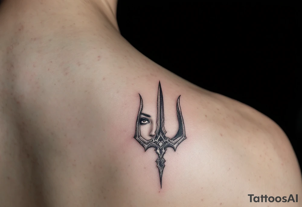close-up woman behind a trident tattoo idea