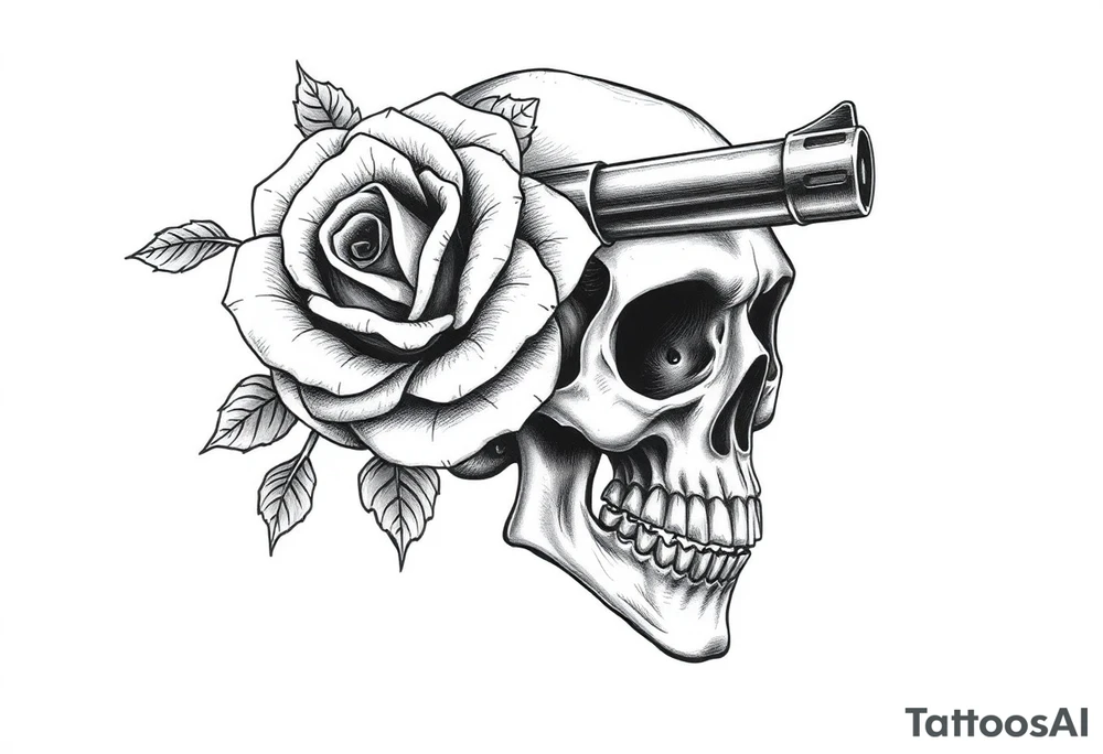 A single thorny rose wrapping around a vintage revolver barrel, silhouetted by a skull. tattoo idea
