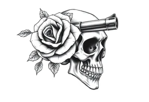 A single thorny rose wrapping around a vintage revolver barrel, silhouetted by a skull. tattoo idea