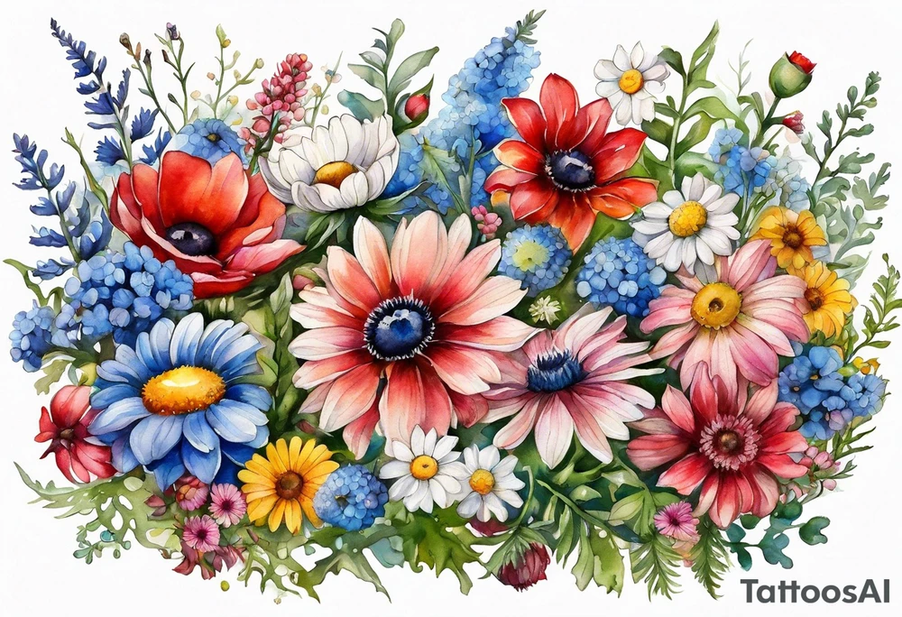 an oval of wildflowers cascading with thistles, ferns, white anemones, sun flowers, red flowers, blue flowers, buttercups, pink flowers, babys breath and daisies all in watercolor tattoo idea