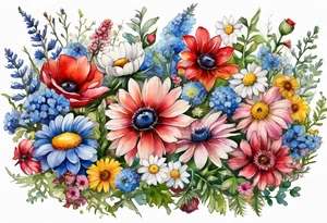 an oval of wildflowers cascading with thistles, ferns, white anemones, sun flowers, red flowers, blue flowers, buttercups, pink flowers, babys breath and daisies all in watercolor tattoo idea