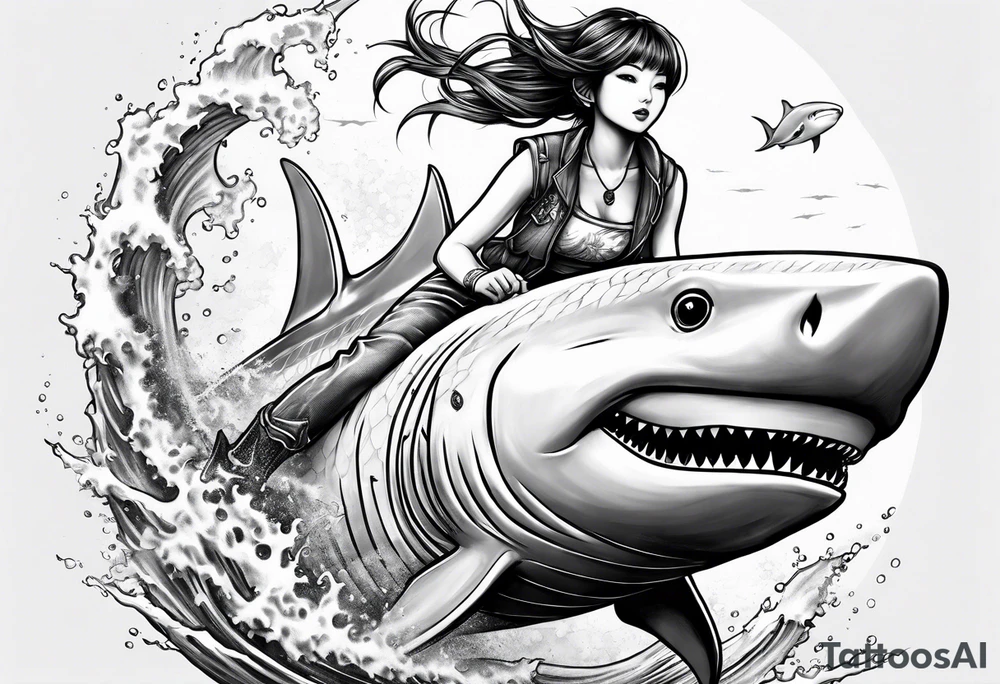 japanese girl riding shark tattoo idea