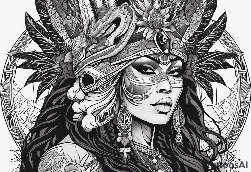 valkrye, kali, pirate, african goddess, , warrior, native american, lotus, zenza resonance, skulls, dragon, pachamama, left side face, chest, right wing, tattoo idea