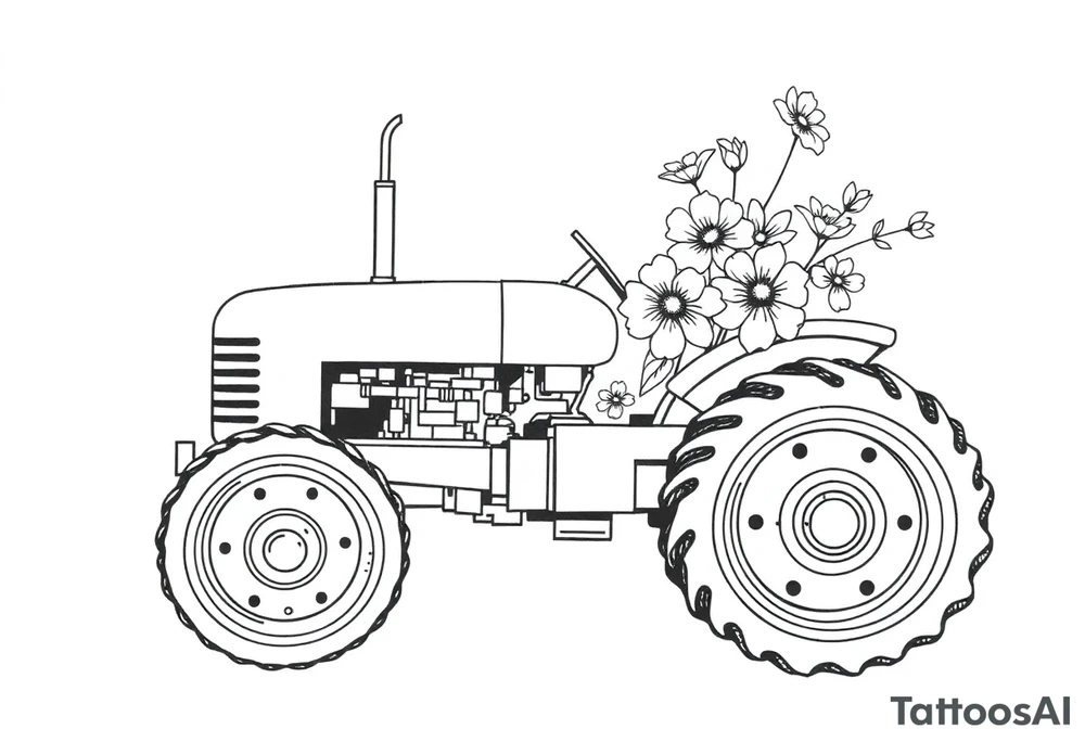 feminine tractor with flowers tattoo idea