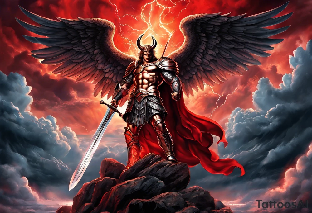 Michael the Archangel standing over satan with sword.  Clouds and lightning in background.  Red lava below satan under a rock tattoo idea