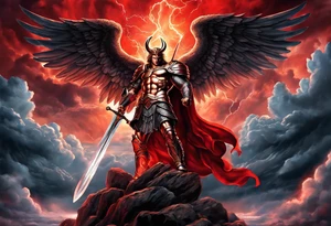 Michael the Archangel standing over satan with sword.  Clouds and lightning in background.  Red lava below satan under a rock tattoo idea