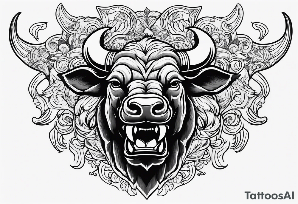 raging bull head busting through crowd tattoo idea